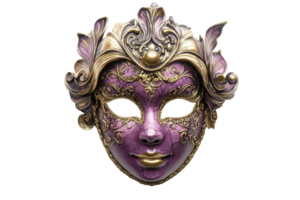 Ornate purple masquerade mask with gold detailing, featuring intricate patterns and elegant design, perfect for carnival or ball events. png