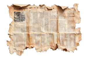 Old, tattered newspaper showing signs of age with wrinkled, browned paper, evoking a sense of nostalgia and history in its worn texture. png