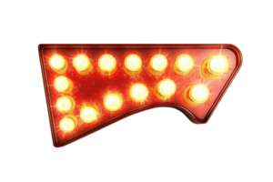 Retro illuminated arrow sign glowing with bright bulbs against empty background, signaling direction with vintage charm and warm lighting. png