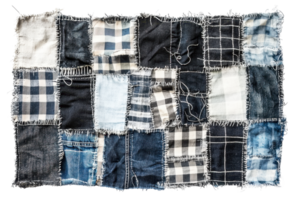Patchwork quilt featuring assorted denim and plaid fabric squares, showcasing a rustic and artistic design in varying blue tones. png