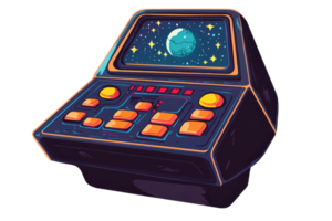 Retro futuristic control panel with vibrant buttons and cosmic screen showcasing stars and a planet, perfect for sci-fi and technology themes. png