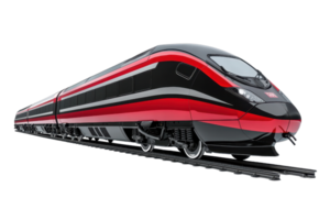 Sleek modern high-speed train in motion on tracks, showcasing cutting-edge design and technology in vibrant red and black colors. png