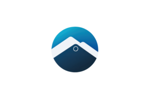 Stylized icon of a mountain with a blue gradient background, depicting minimalism and nature in a circular design. png