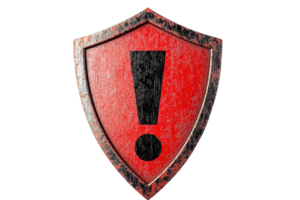 Rustic red shield with exclamation mark symbol, representing warning, protection, and caution. Ideal for security concepts and safety themes. png