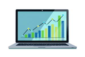 Laptop displaying a colorful bar and line graph, representing data analysis and business growth insights for strategic decision making. png