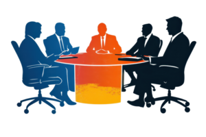 Silhouette of business people in a meeting around a table, highlighting collaboration and teamwork in a professional setting. png