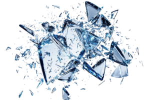 Shattered glass pieces scattered in mid-air against a transparent background, capturing an abstract and dynamic scene of breaking and motion. png