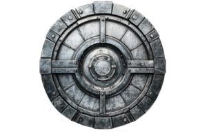 Round metal shield with intricate design, symbolizing protection and medieval combat, isolated on transparent background. png