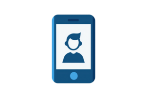 illustration of a blue smartphone icon with a user avatar on the screen, representing communication and technology. png