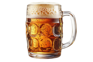 erfrischend Bernstein Bier im ein klar Glas Becher mit schaumig Kopf, isoliert auf transparent Hintergrund. präsentieren Karbonatisierung und Reich Farbe. png