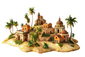 Miniature Mediterranean village with palm trees, showcasing traditional architecture and rustic charm on a sunny day. png