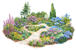 Lush flower garden with colorful plants and winding pathway, creating a serene natural scene with vibrant blossoms and greenery. png