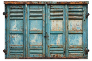 Rustic blue wooden window shutters with peeling paint, showcasing vintage charm and weathered texture, ideal for rustic design inspiration. png