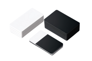 Stacked black and white blank cards isolated on a transparent background. ideal for customizable design, business or creative projects. png