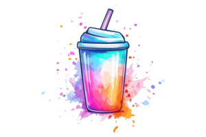 Vibrant abstract art of a colorful drink in a cup with straw, surrounded by splashes of multicolored paint, reflecting creativity and freshness. png