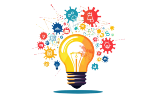 Vibrant creative concept image with a glowing light bulb and colorful gears representing innovation, brainstorming, and new ideas. png