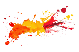 Vibrant abstract paint splatter in red, orange, and yellow hues, creating a dynamic and colorful artistic explosion on a transparent background. png