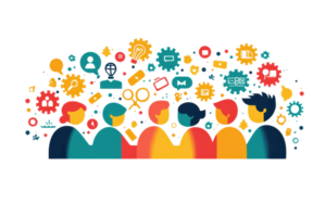 graphic illustrating people icons with colorful communication and social media symbols, representing online connection and interaction. png