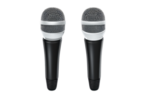 Two dynamic microphones on a transparent background. perfect for music, podcasting, or live performances. High-quality audio recording tools. png