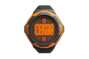 Stylish digital watch with bright orange display and sleek black strap. Perfect for sports enthusiasts and modern tech lovers. png