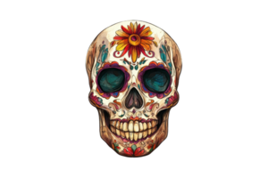 Vibrant Day of the Dead skull illustration with colorful floral details, representing Mexican culture and festive traditions. png