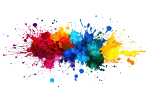 Vibrant explosion of colorful paint splashes creating an abstract art piece, showcasing a dynamic spectrum of colors on a transparent background. png