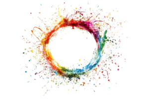 Vibrant circular splash of multicolored paint on a white canvas, symbolizing creativity, energy, and artistic expression. png
