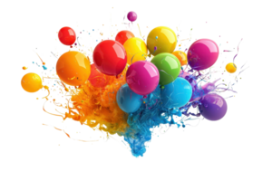 Vibrant explosion of colorful balloons in mid-air, surrounded by splashes of paint, creating a lively and dynamic composition. png