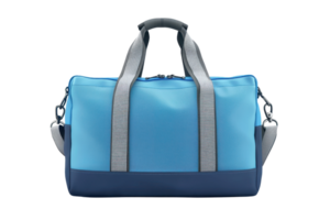 Stylish blue duffle bag with gray handles, perfect for travel, gym, or everyday use. Durable material and spacious design for all your essentials. png