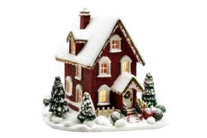 met sneeuw bedekt miniatuur huis met gloeiend ramen, omringd door met sneeuw bedekt bomen en feestelijk decoraties, perfect voor Kerstmis Scherm. png