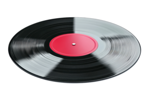 hilado negro vinilo grabar con un rojo etiqueta, aislado en un transparente antecedentes. exhibiendo retro música tecnología y nostálgico vibras. png