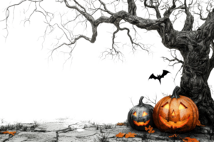 Spooky Halloween scene with jack-o'-lanterns under a twisted tree. Perfect background for festive and eerie seasonal themes. png