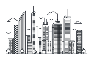 Stylized grayscale illustration of a modern city skyline with tall skyscrapers and clouds, capturing urban architecture and design. png