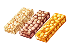 Three colorful granola bars with nuts displayed on a transparent background. showcasing a healthy and tasty snack option for all ages. png