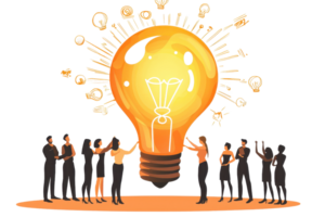 Team of people surrounding and collaborating on a giant lightbulb. Concept of teamwork, innovation, and idea generation. png