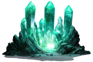 Stunning green crystals illuminated by light, creating a mystical and magical atmosphere in a serene arrangement. png
