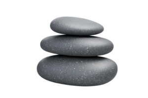 Three smooth black stones stacked for balance and serenity, symbolizing zen and relaxation in a minimalist setup on a transparent background. png