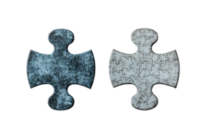 Two puzzle pieces in contrasting colors on a transparent background. symbolizing the concept of connection and teamwork. png