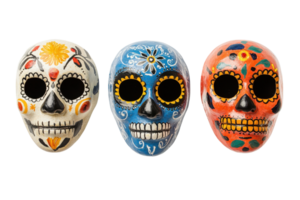 Three vibrant painted Day of the Dead skull masks decorated with intricate patterns in white, blue, and orange colors on a transparent background. png