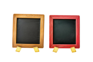 Two blank mini blackboards with wooden frames and stands, ideal for messages, menus, or decoration on any occasion. png