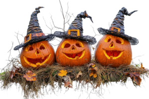 Three festive pumpkin jack-o'-lanterns wearing witch hats, surrounded by autumn leaves, perfect for Halloween decoration and seasonal celebration. png