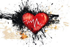 Vibrant abstract art of a red heart with an ECG line, creatively splashed on a textured background, symbolizing love and vitality. png