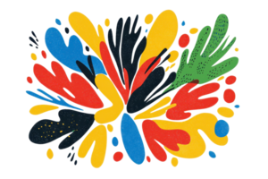 Vibrant abstract artwork with colorful splashes and shapes, creating a dynamic and eye-catching visual composition on a transparent background. png