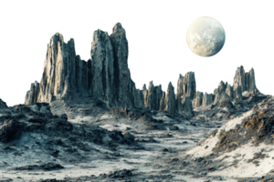 Surreal alien landscape with towering rock formations under a full moon, creating an otherworldly and mysterious atmosphere. png