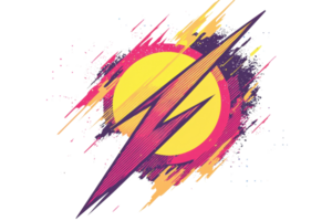 Vibrant abstract lightning bolt design with dynamic lines and bright colors against a bold circular background, showcasing energy and movement. png