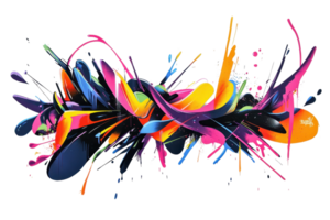 Vibrant abstract graffiti art with a colorful fusion of shapes and splashes on a dark background, expressing creativity and urban culture. png