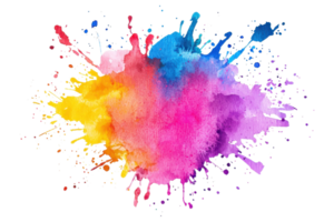 Vibrant abstract splash of watercolor paint in multiple colors, symbolizing creativity and artistic expression against a white backdrop. png