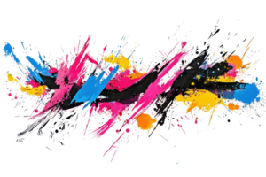 Vibrant abstract painting with striking splashes of pink, blue, yellow, and black, creating an energetic and dynamic visual experience. png