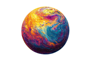Vibrant abstract planet design with swirling colors of red, blue, and yellow, resembling a cosmic art piece from space. png