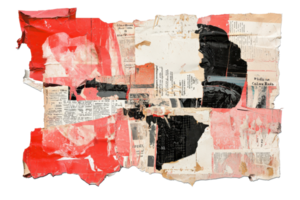 Vibrant abstract collage artwork with colorful torn paper layers, showcasing a mix of textures and patterns in dynamic composition. png